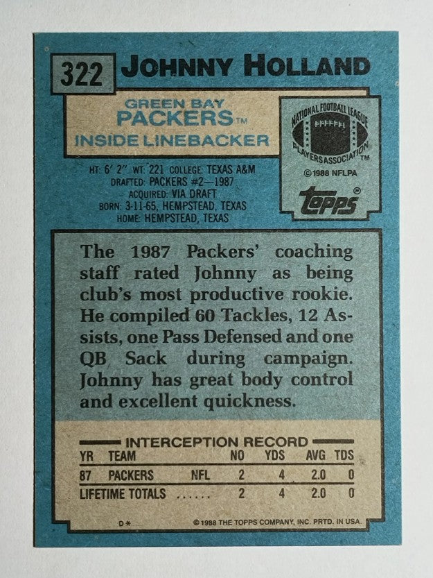 1988 Topps #322 Johnny Holland SR RC