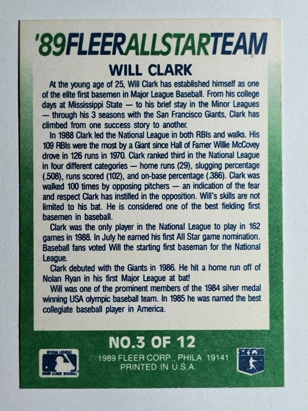1989 Fleer All-Stars #3 Will Clark