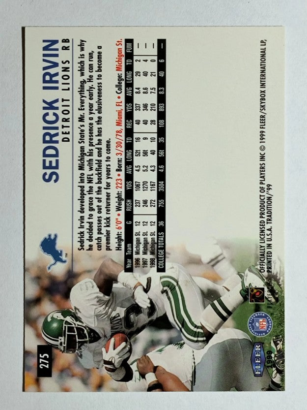 1999 Fleer Tradition #275 Sedrick Irvin RC