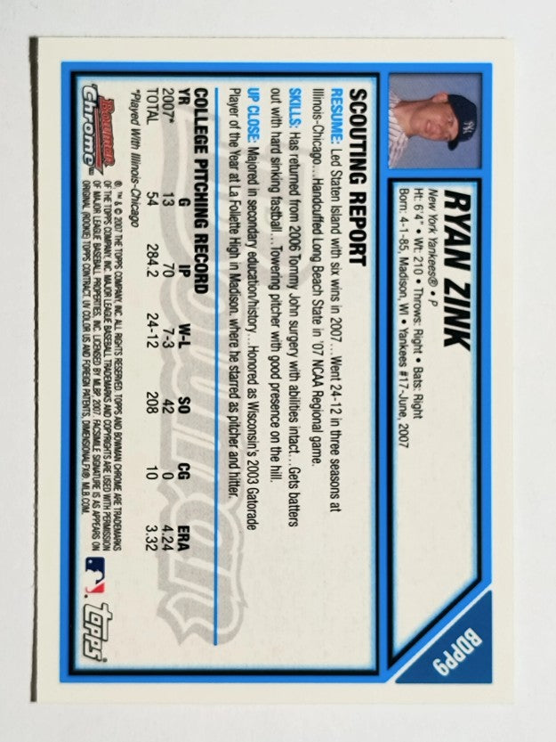 2007 Bowman Chrome Draft Draft Picks #BDPP9 Ryan Zink