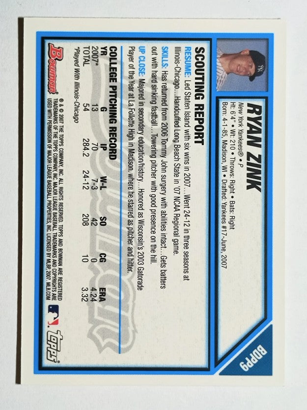 2007 Bowman Draft Draft Picks Gold #BDPP9 Ryan Zink