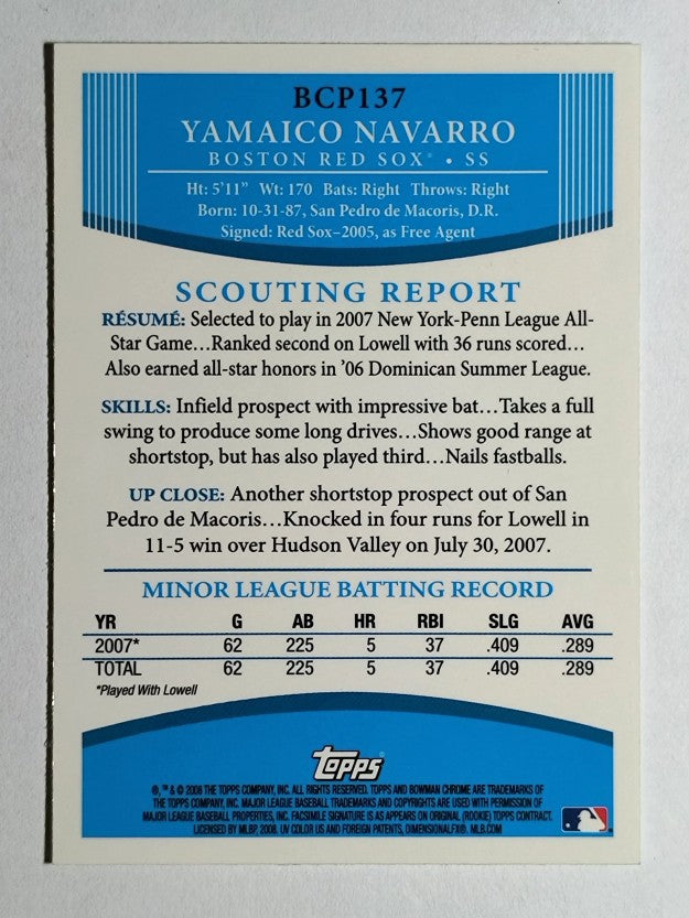 2008 Bowman Chrome Prospects #BCP137 Yamaico Navarro