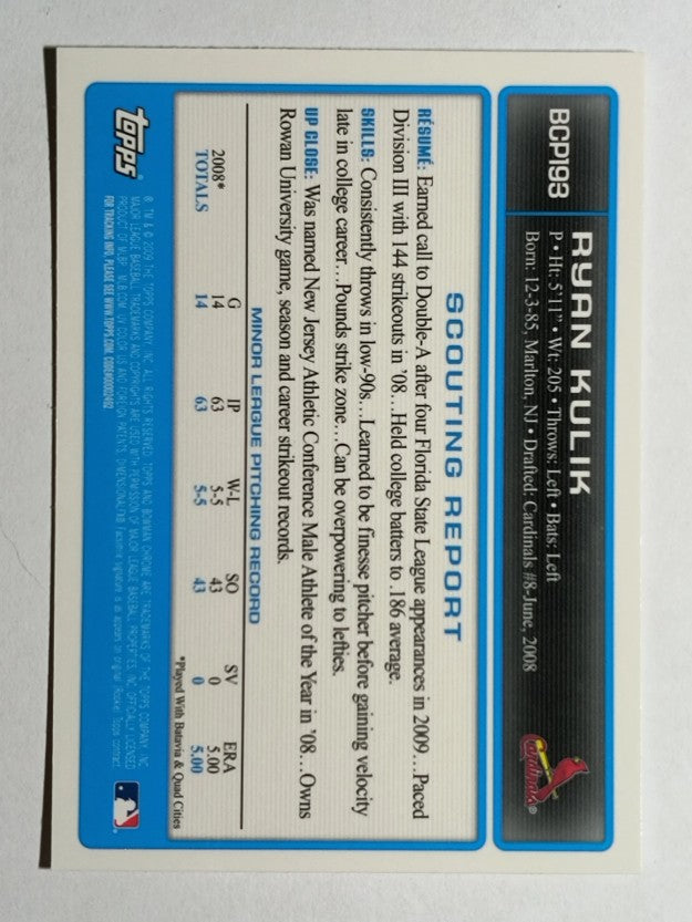 2009 Bowman Chrome Prospects #BCP193 Ryan Kulik