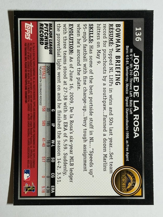 2010 Bowman Chrome #136 Jorge De La Rosa
