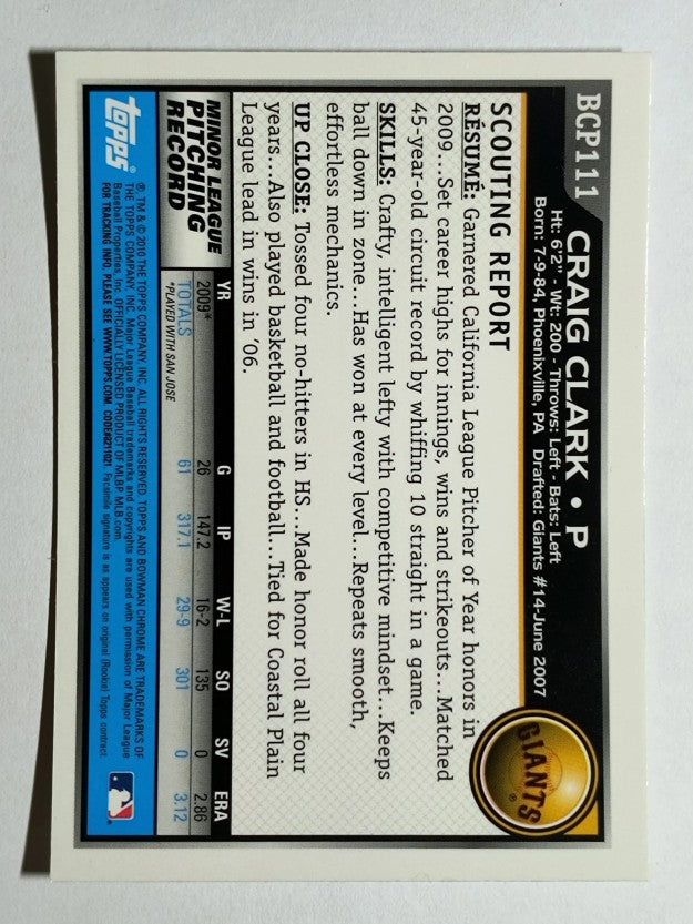 2010 Bowman Chrome Prospects #BCP111A Craig Clark