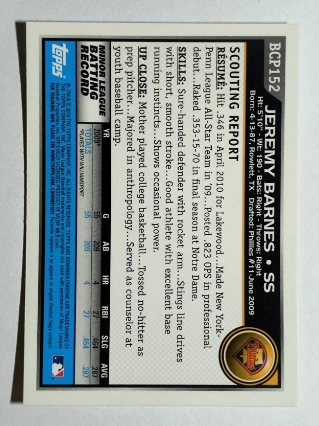 2010 Bowman Chrome Prospects #BCP152 Jeremy Barnes