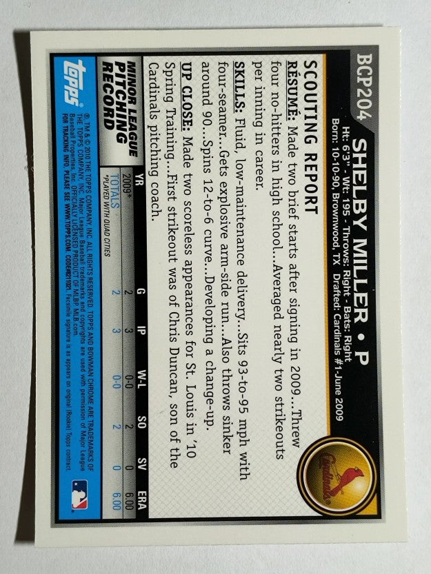 2010 Bowman Chrome Prospects #BCP204A Shelby Miller (NM)