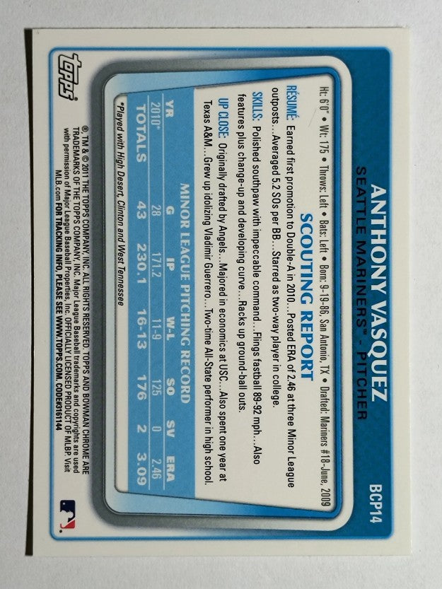 2011 Bowman Chrome Prospects #BCP14 Anthony Vasquez