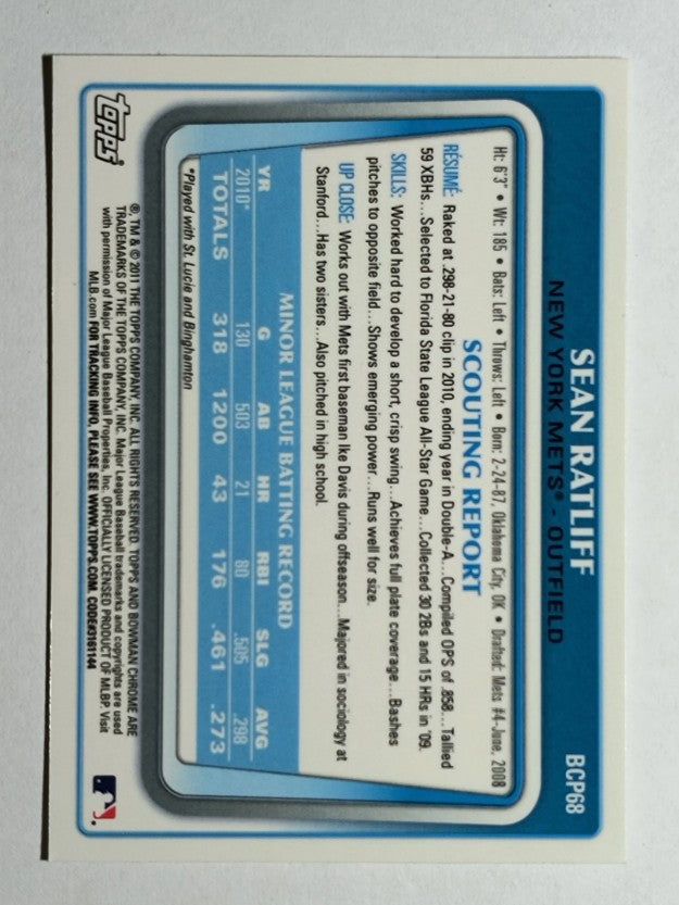 2011 Bowman Chrome Prospects #BCP68 Sean Ratliff