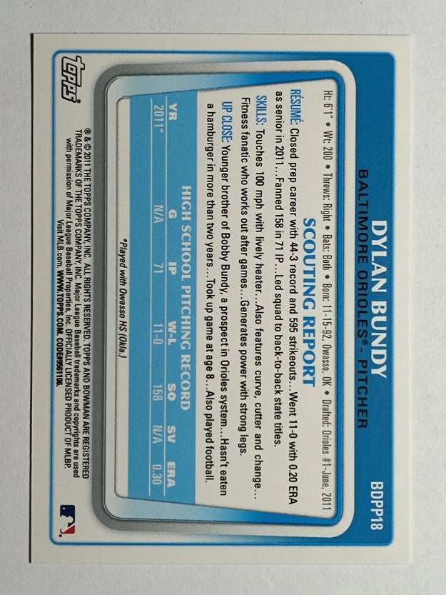 2011 Bowman Draft Prospects #BDPP18 Dylan Bundy