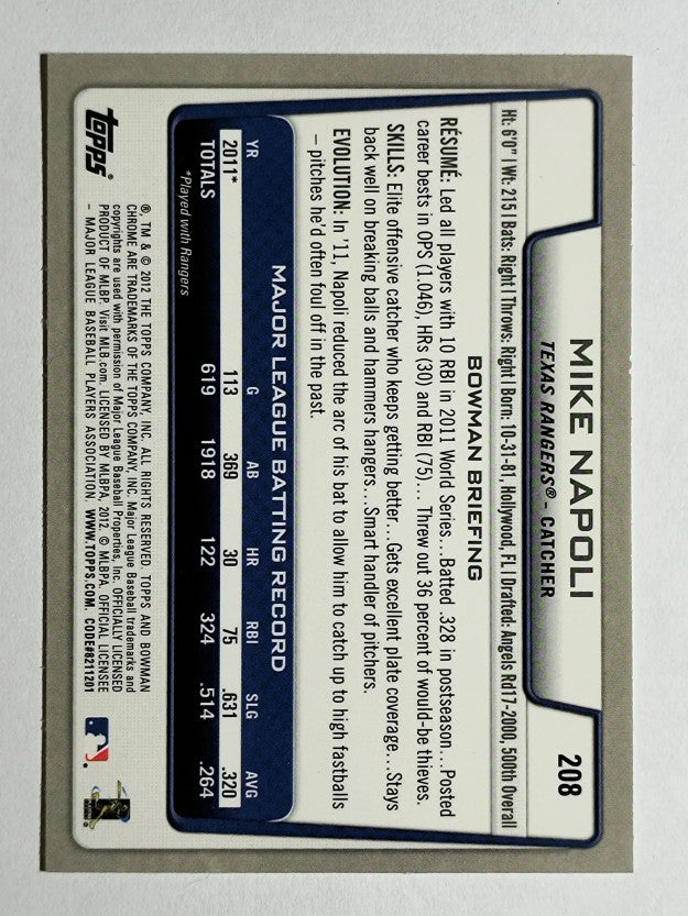 2012 Bowman Chrome #208 Mike Napoli