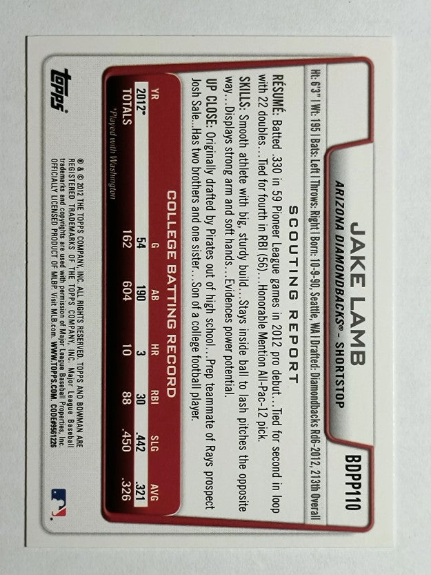 2012 Bowman Draft Draft Picks #BDPP110 Jake Lamb