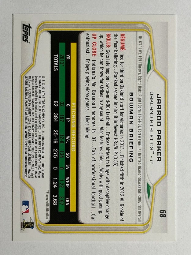 2014 Bowman #68 Jarrod Parker
