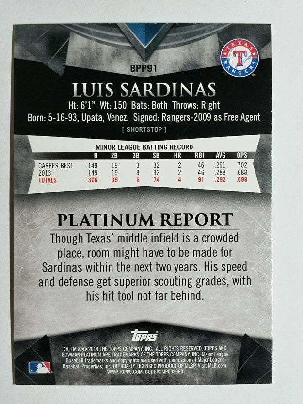 2014 Bowman Platinum Prospects #BPP91 Luis Sardinas