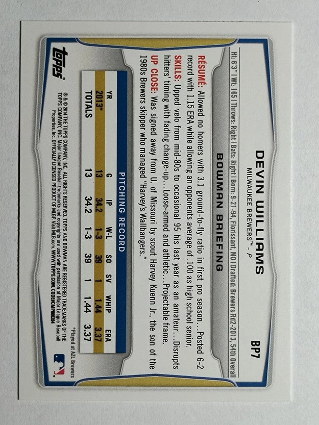 2014 Bowman Prospects #BP7 Devin Williams