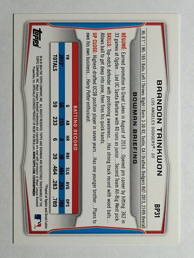 2014 Bowman Prospects #BP31 Brandon Trinkwon
