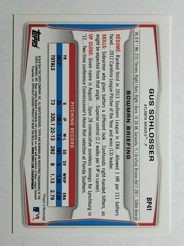 2014 Bowman Prospects #BP41 Gus Schlosser