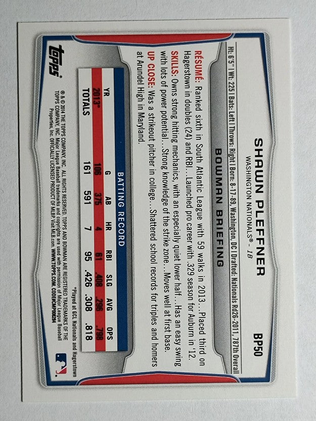 2014 Bowman Prospects #BP50 Shawn Pleffner