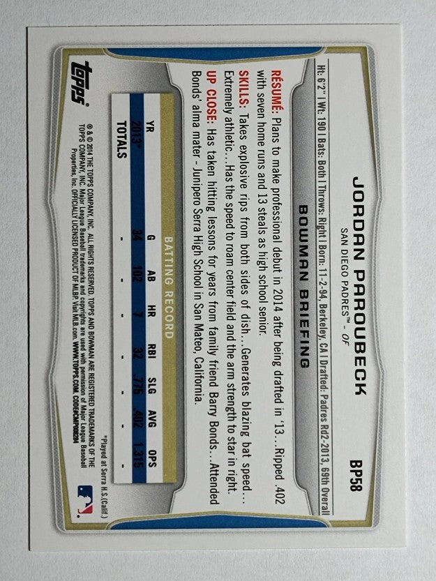 2014 Bowman Prospects #BP58 Jordan Paroubeck