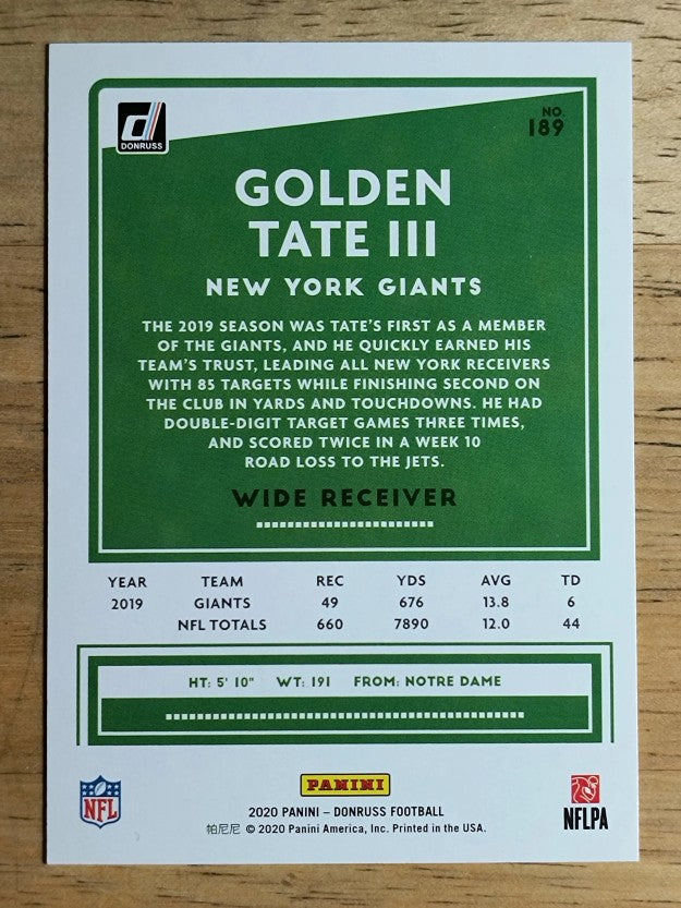 2020 Donruss #189 Golden Tate III