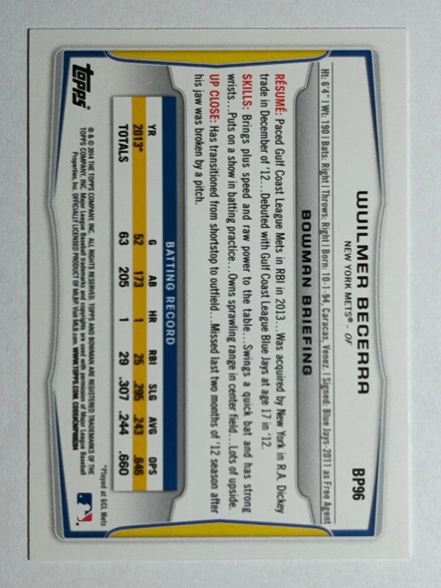 2014 Bowman Prospects #BP96 Wuilmer Becerra