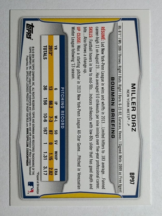2014 Bowman Prospects #BP97 Miller Diaz