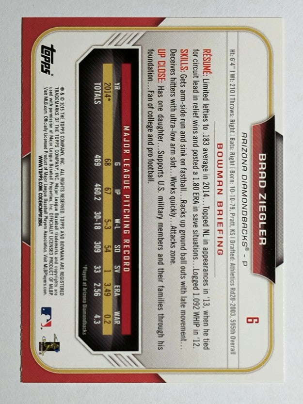 2015 Bowman #6 Brad Ziegler