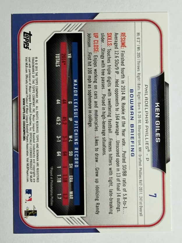 2015 Bowman #7 Ken Giles