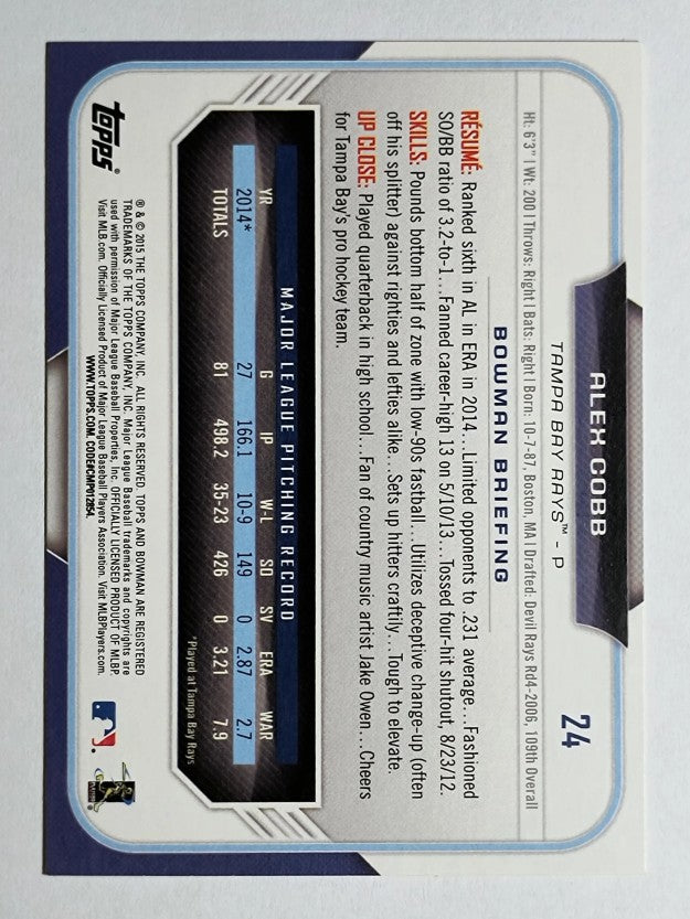 2015 Bowman #24 Alex Cobb