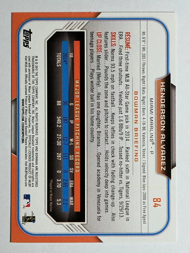 2015 Bowman #84 Henderson Alvarez