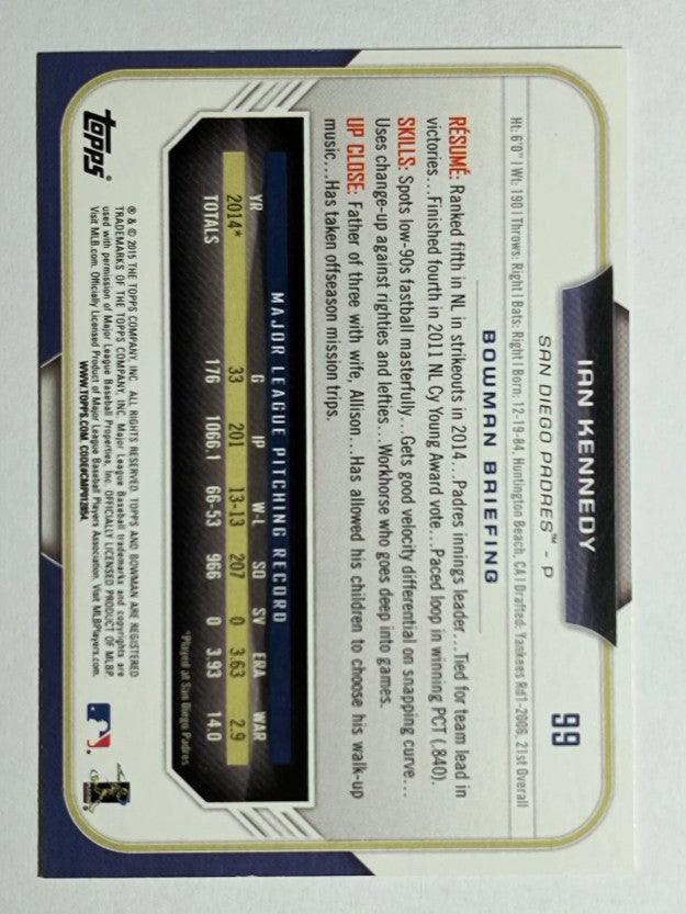 2015 Bowman #99 Ian Kennedy