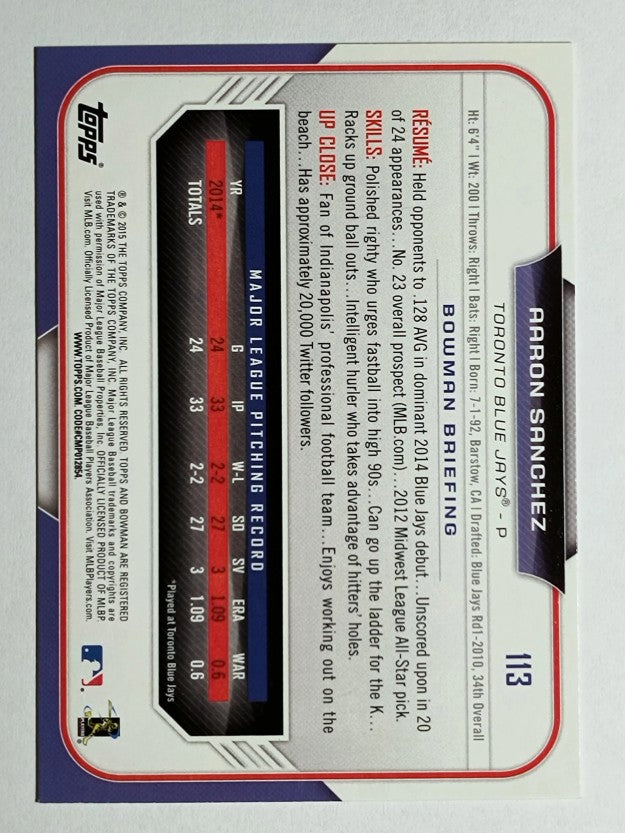 2015 Bowman #113 Aaron Sanchez