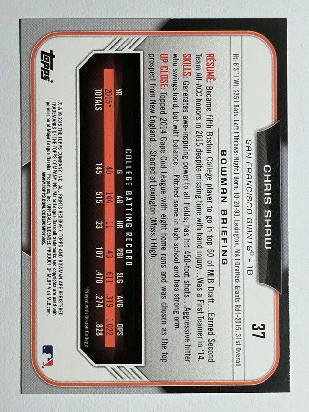 2015 Bowman Draft #37 Chris Shaw