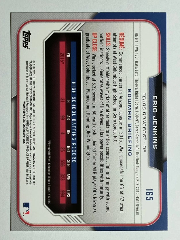 2015 Bowman Draft #165 Eric Jenkins