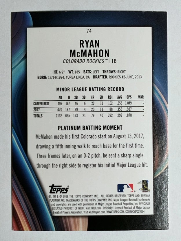 2018 Bowman Platinum Sky Blue #74 Ryan McMahon