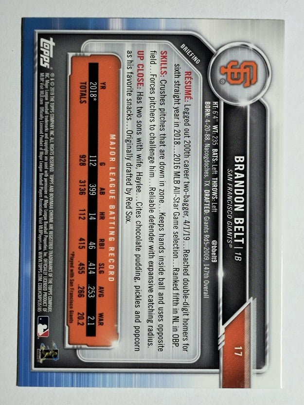 2019 Bowman Chrome #17 Brandon Belt