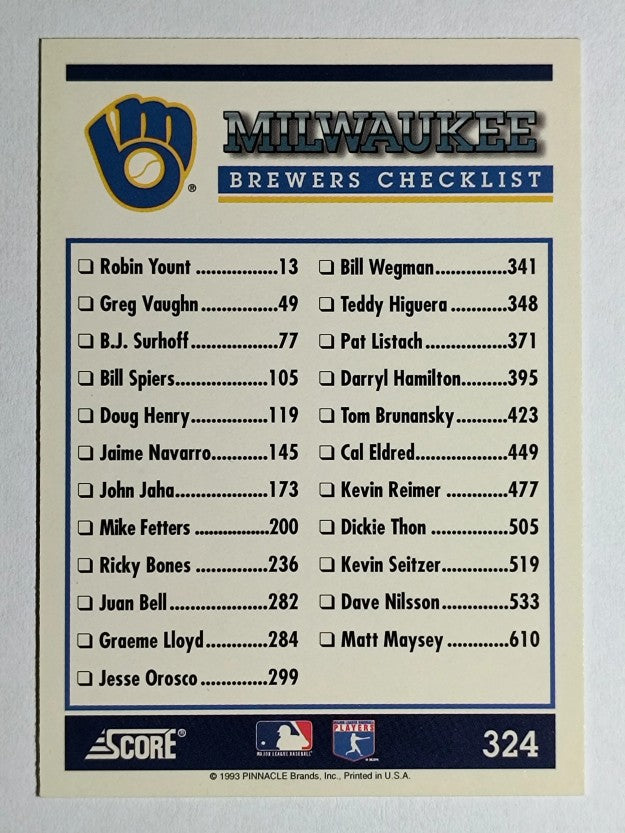 1994 Score #324 Milwaukee Brewers CL