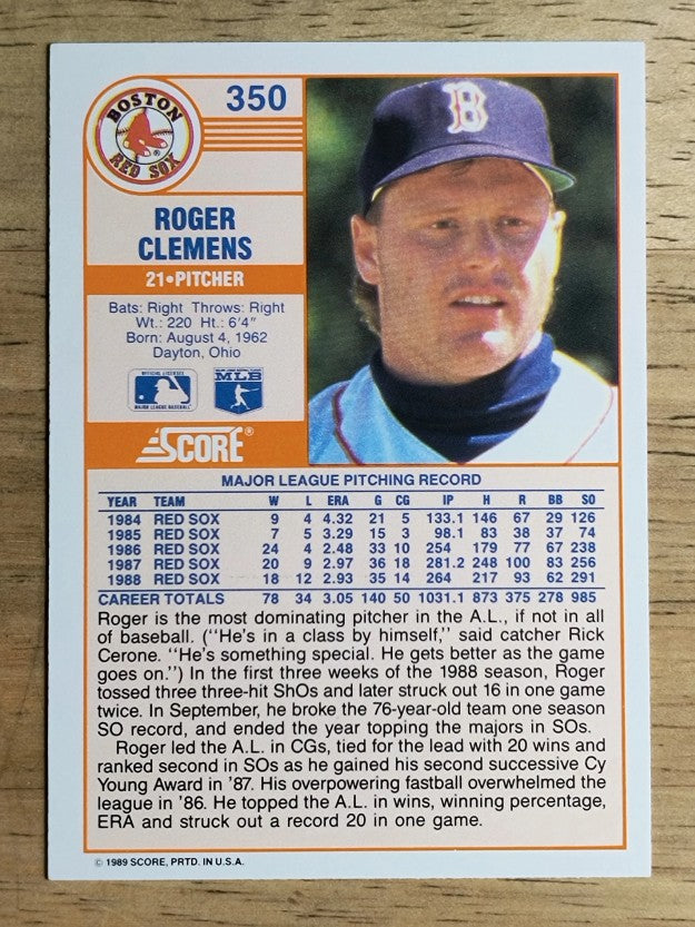 1989 Score #350 Roger Clemens COR/78 career wins
