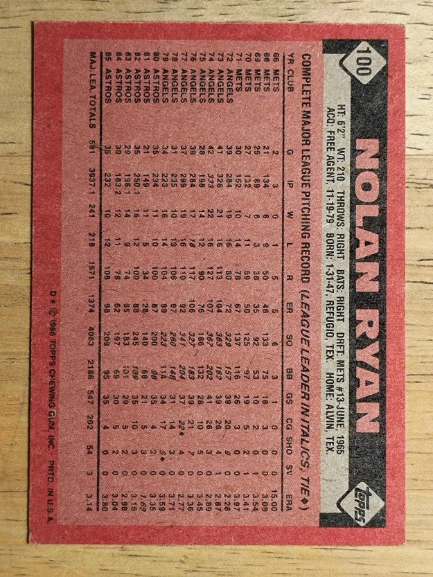 1986 Topps #100 Nolan Ryan