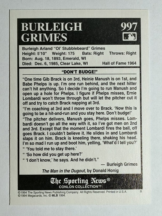 1994 Conlon TSN #997 Burleigh Grimes