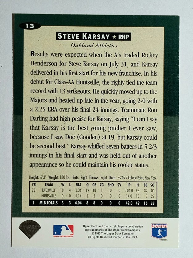 1994 Collector's Choice #13 Steve Karsay