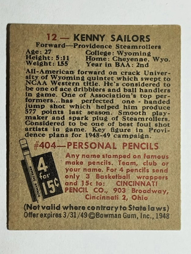 1948 Bowman #12 Kenny Sailors RC (EXMT)
