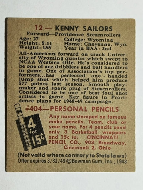 1948 Bowman #12 Kenny Sailors RC (EXMT)