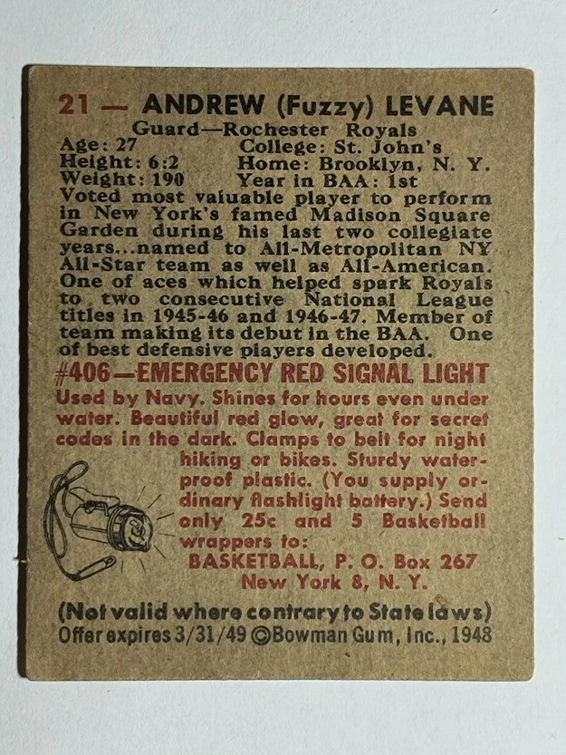 1948 Bowman #21 Fuzzy Levane RC (VGEX)