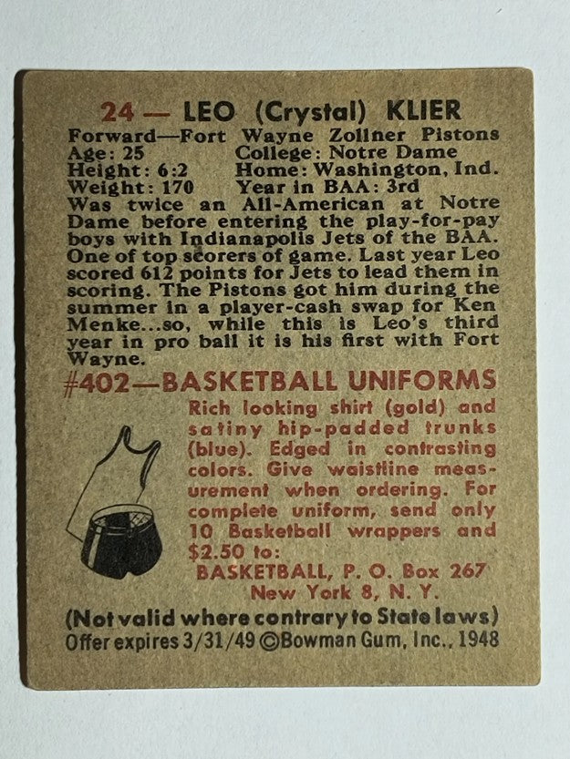 1948 Bowman #24 Leo Klier (EX)