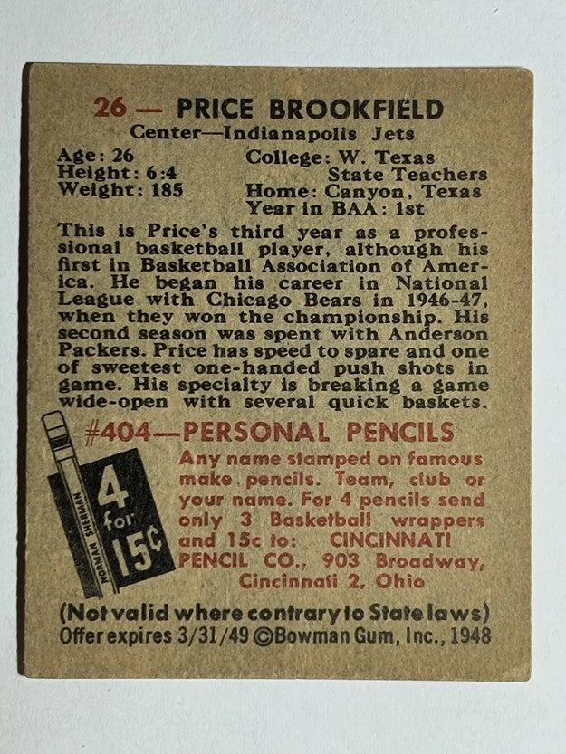 1948 Bowman #26 Price Brookfield (EX)