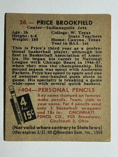 1948 Bowman #26 Price Brookfield (EX)