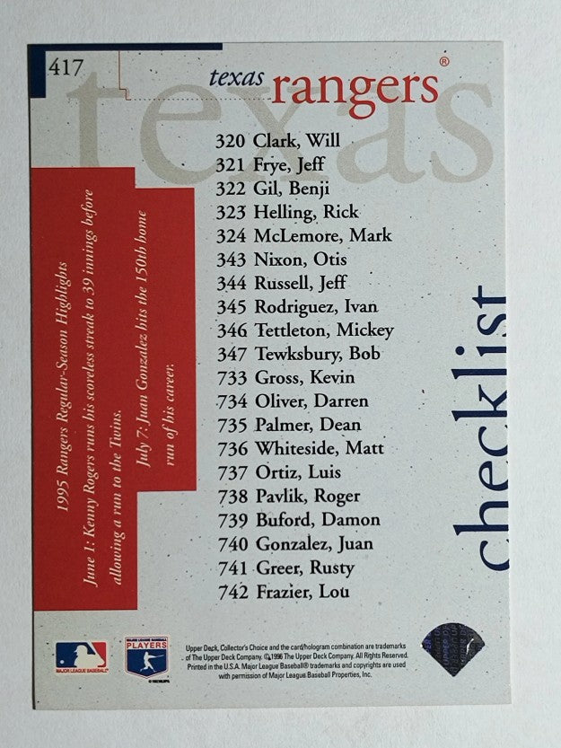 1996 Collector's Choice #417 Juan Gonzalez TC