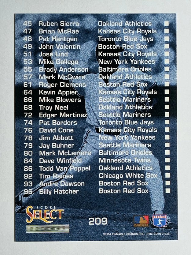 1994 Select #209 AL Team Checklist
