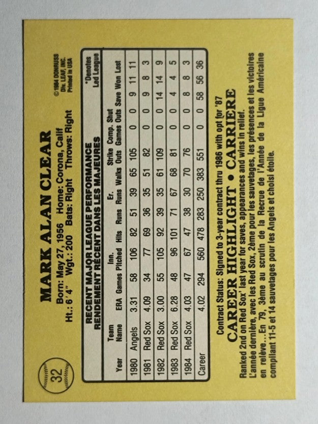 1985 Leaf/Donruss #32 Mark Clear